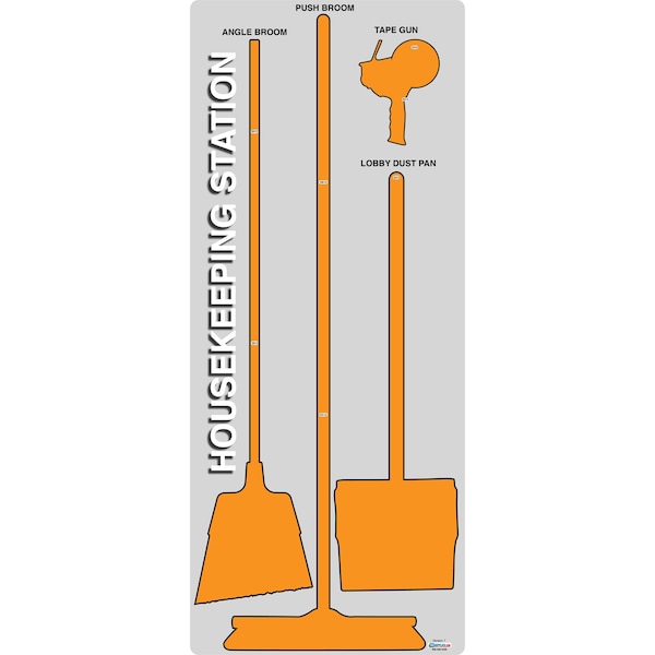 5S Housekeeping Shadow Board Broom Station Version 7 - Gray Board / Orange Shadows  With Broom